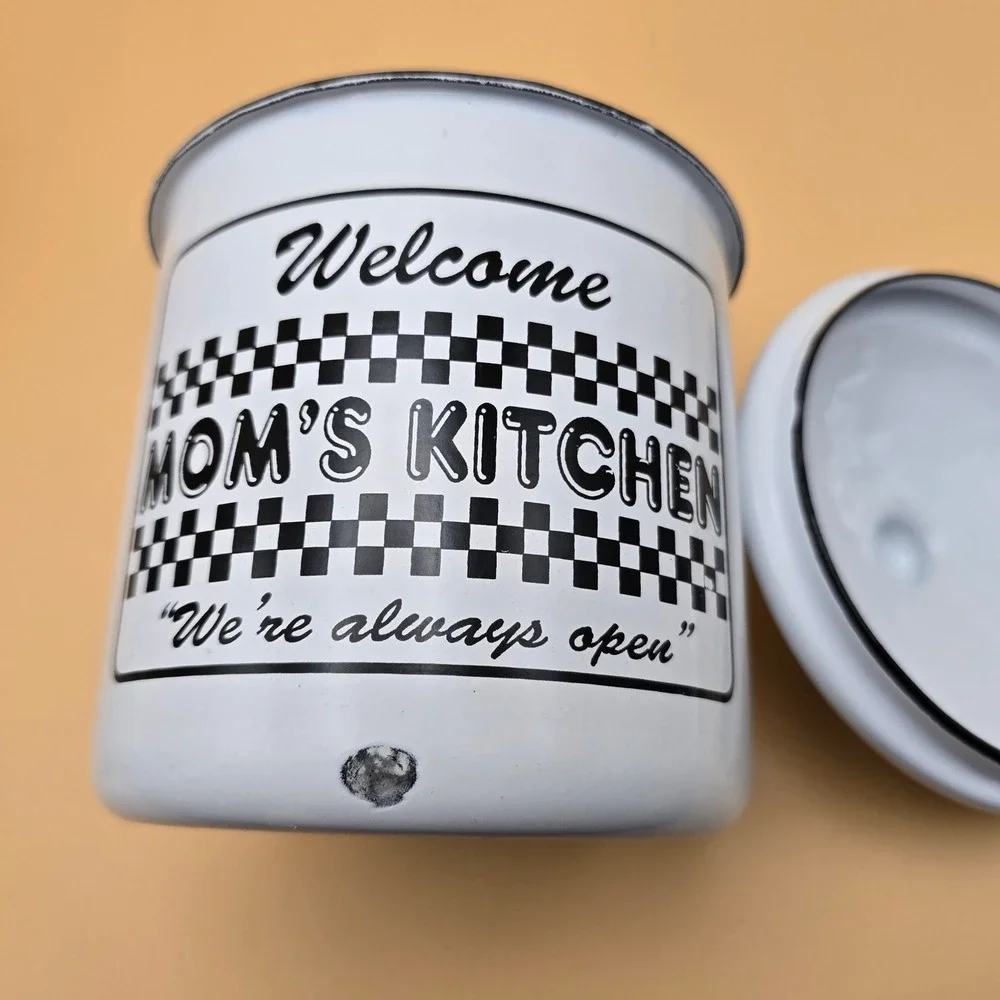 Vintage Mom's Kitchen Enamel Canister Set White Black Checkered 3 Piece Rustic